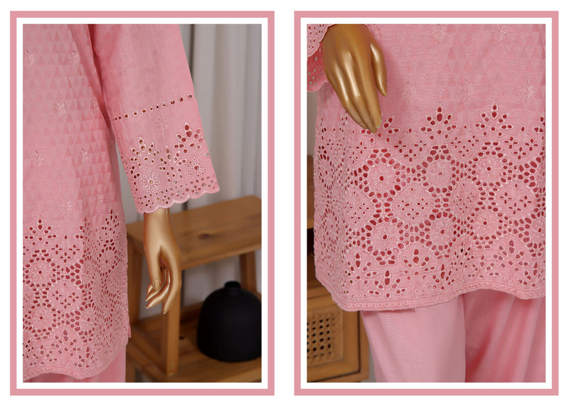 Cotton Jacqaurd Co-Ords - Stitched Embroidered 3piece with Schiffli work - B.Pink