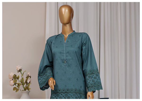 Cotton Jacqaurd Co-Ords - Stitched Embroidered 3piece with Schiffli work - Teal