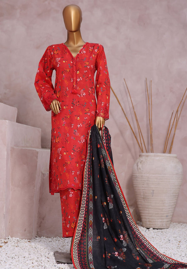 Khaddar - Stitched Printed  3piece with Embroidered Cut work - Red-Black
