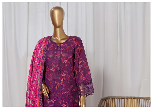 Khaddar - Stitched Printed  3piece with Embroidered Cut work - Purple