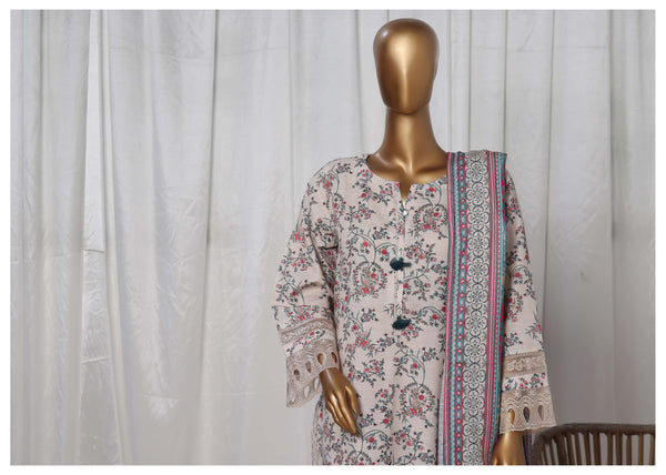 Khaddar - Stitched Printed  3piece with Embroidered Cut work - Cream