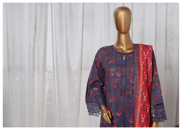 Khaddar - Stitched Printed  3piece with Embroidered Cut work - Blue