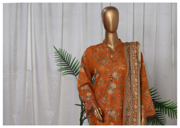 Khaddar - Stitched Printed  3piece with Embroidered Cut work - Mustard