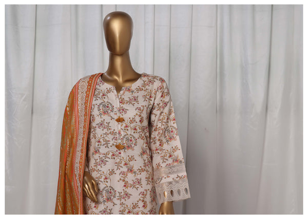 Khaddar - Stitched Printed  3piece with Embroidered Cut work - White-Mustard