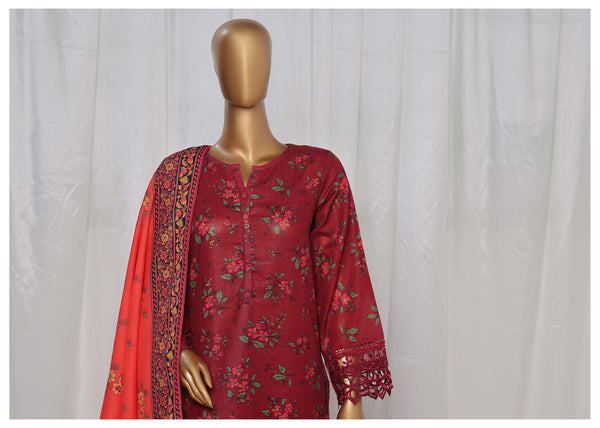 Khaddar - Stitched Printed  3piece with Embroidered Cut work - Maroon