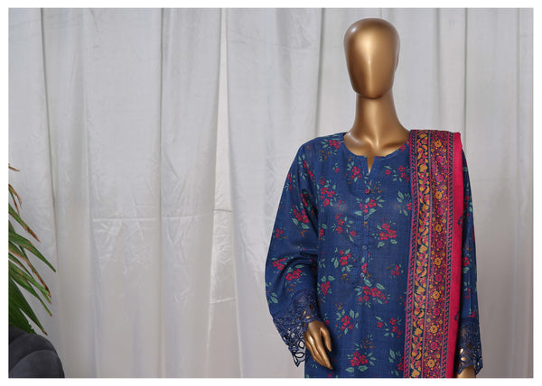 Khaddar - Stitched Printed  3piece with Embroidered Cut work - Royal-Blue