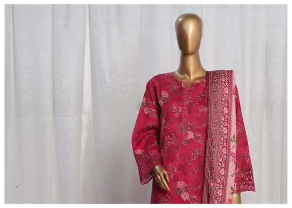 Khaddar - Stitched Printed  3piece with Embroidered Cut work - Fuchsia