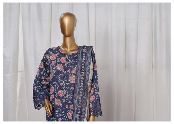 Khaddar - Stitched Printed  3piece with Embroidered Cut work - Blue-Pink