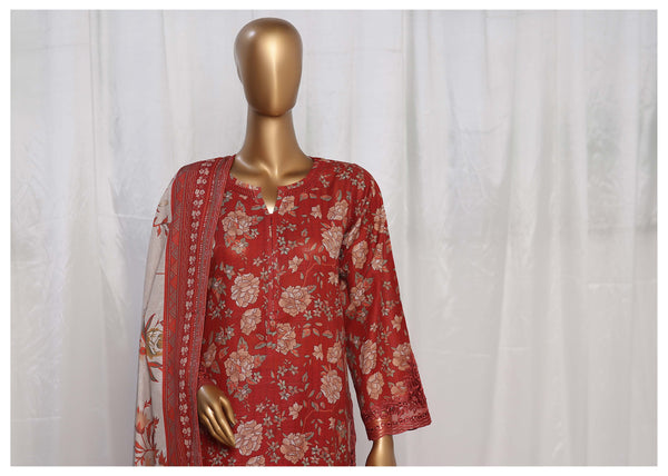 Khaddar - Stitched Printed  3piece with Embroidered Cut work - Red