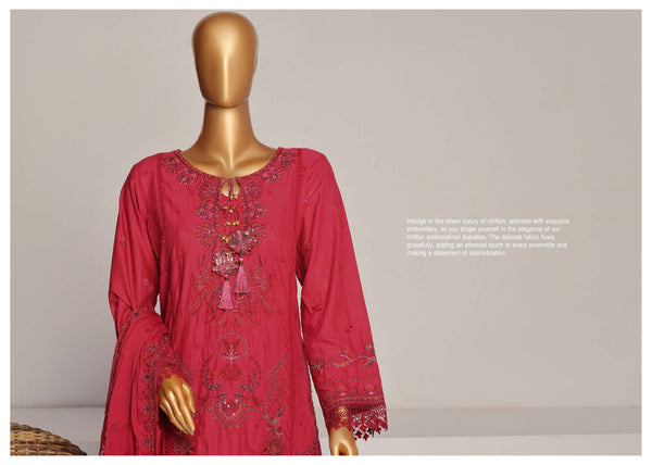 Lawn Chikankari - Stitched Embroidered 3piece with Embroidered Chiffon Dupatta  - Fuchsia