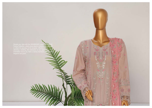 Lawn Chikankari - Stitched Embroidered 3piece with Embroidered Chiffon Dupatta  - Pink