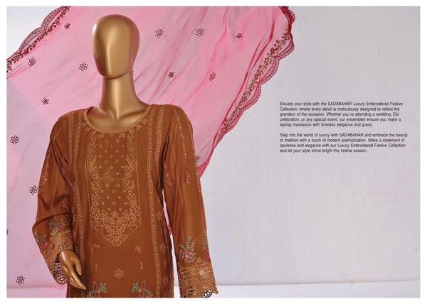 Lawn Chikankari - Stitched Embroidered 3piece with Embroidered Chiffon Dupatta  - Mustard