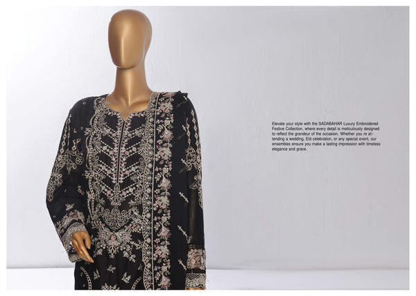 Lawn Chikankari - Stitched Embroidered 3piece with Embroidered Chiffon Dupatta  - Black