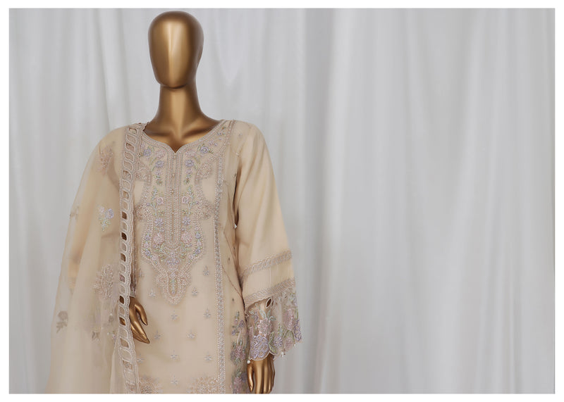 Organza - Stitched Embroidered Kurti & Dupatta with Hand work - Skin