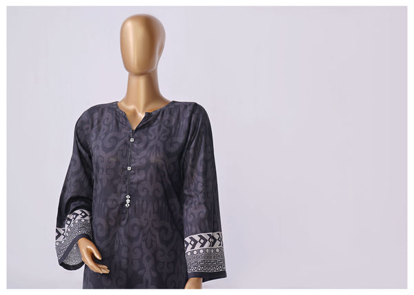 Lawn Co-ords - Stitched Printed Kurti & Trouser with Lace work - Black