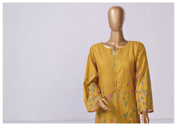 Lawn Co-ords - Stitched Printed Kurti & Trouser with Lace work - Yellow