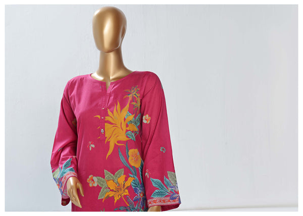 Lawn Co-ords - Stitched Printed Kurti & Trouser with Lace work - Pink