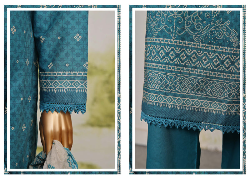 Lawn - Stitched Printed 3piece with Lace work - Teal