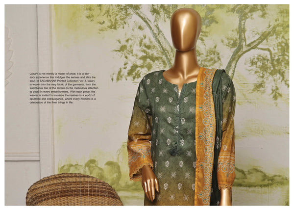 Lawn - Stitched Printed 3piece with Lace work -  Mustard Green