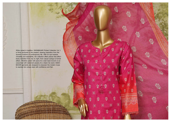 Lawn - Stitched Printed 3piece with Lace work - Pink