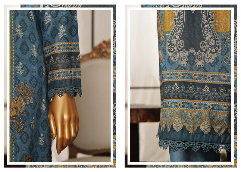 Lawn - Stitched Printed 3piece with Lace work - Blue-Mustard