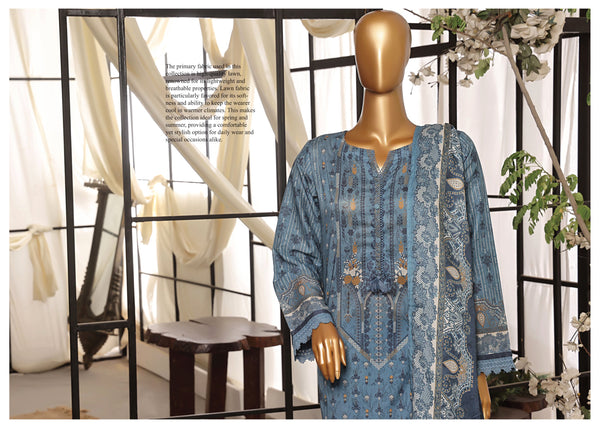 Lawn - Stitched Printed 3piece with Lace work - Azure