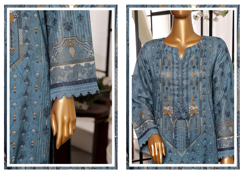 Lawn - Stitched Printed 3piece with Lace work - Azure