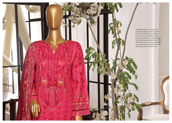 Lawn - Stitched Printed 3piece with Lace work - Fuchsia