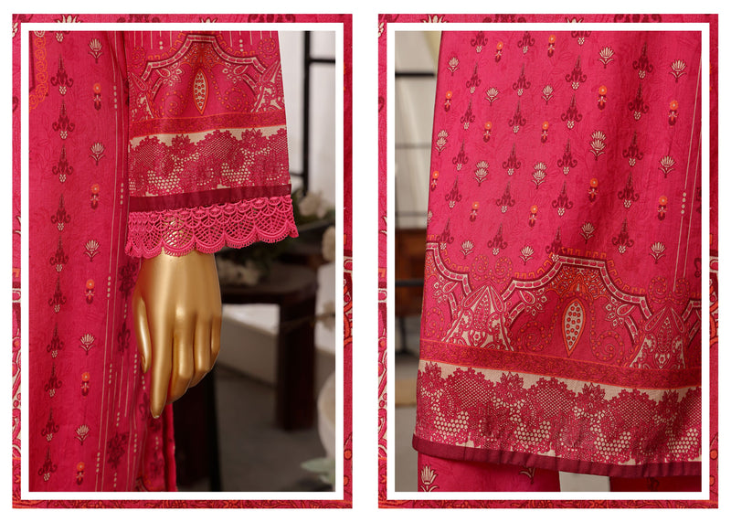 Lawn - Stitched Printed 3piece with Lace work - Fuchsia