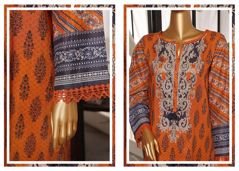 Lawn - Stitched Printed 3piece with Lace work - Rust