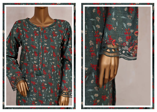 Khaddar Co-ords - Stitched Printed Kurti & Trouser with Embroidered Cutwork on Sleeves - Green