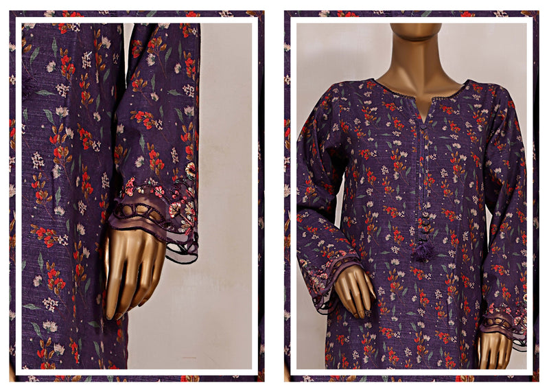 Khaddar Co-ords - Stitched Printed Kurti & Trouser with Embroidered Cutwork on Sleeves - Purple