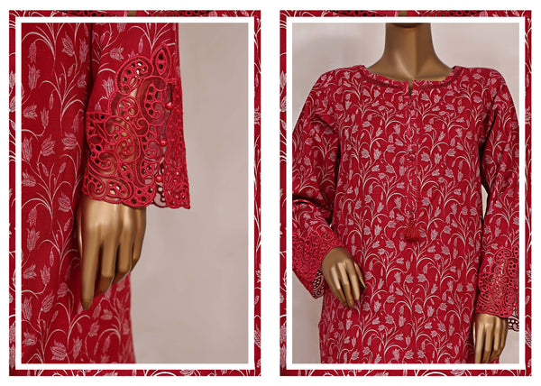 Khaddar Co-ords - Stitched Printed Kurti & Trouser with Embroidered Cutwork on Sleeves - Red