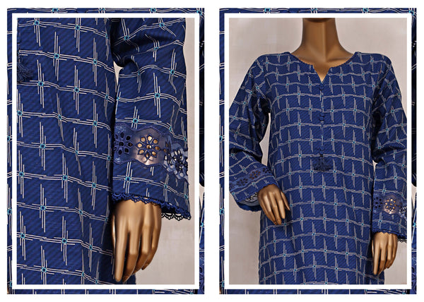 Khaddar Co-ords - Stitched Printed Kurti & Trouser with Embroidered Cutwork on Sleeves - Blue
