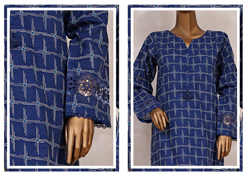 Khaddar Co-ords - Stitched Printed Kurti & Trouser with Embroidered Cutwork on Sleeves - Blue