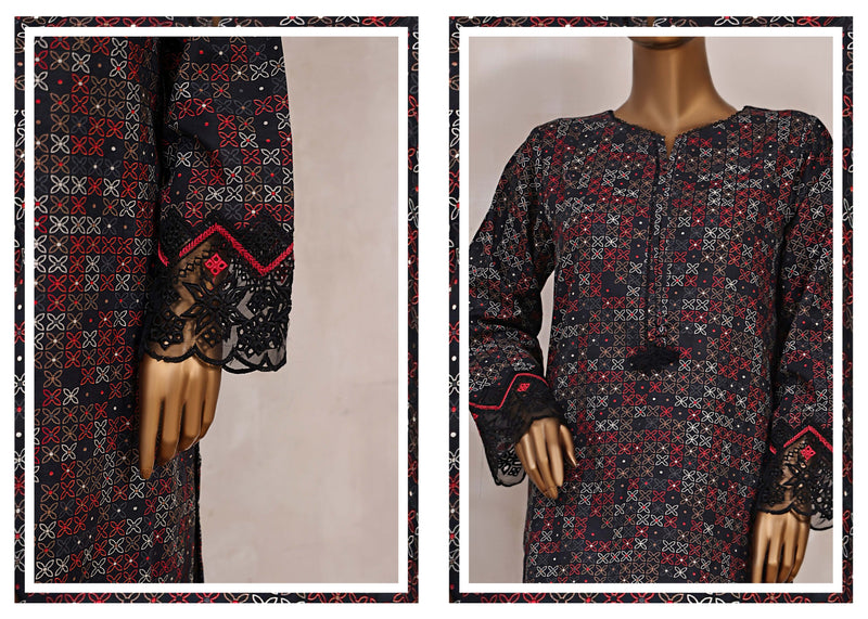 Khaddar Co-ords - Stitched Printed Kurti & Trouser with Embroidered Cutwork on Sleeves - Black