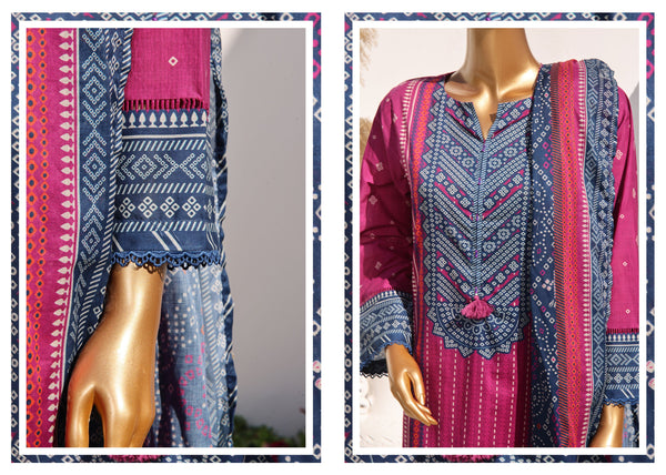 Lawn - Stitched Chunri Printed 3piece with Lace work - Magenta