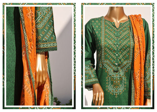 Lawn - Stitched Chunri Printed 3piece with Lace work - Green