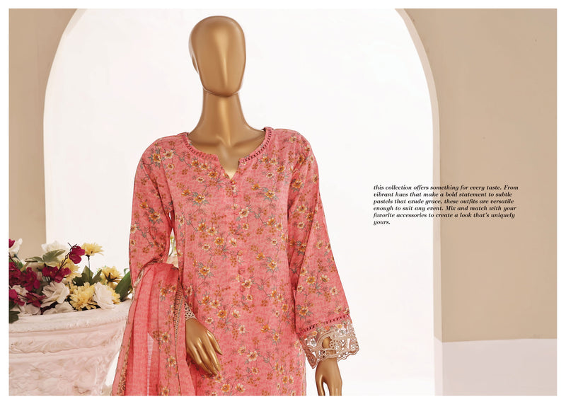 Luxury Lawn - Stitched Printed 3piece With Lace work & Cut work  - Pink