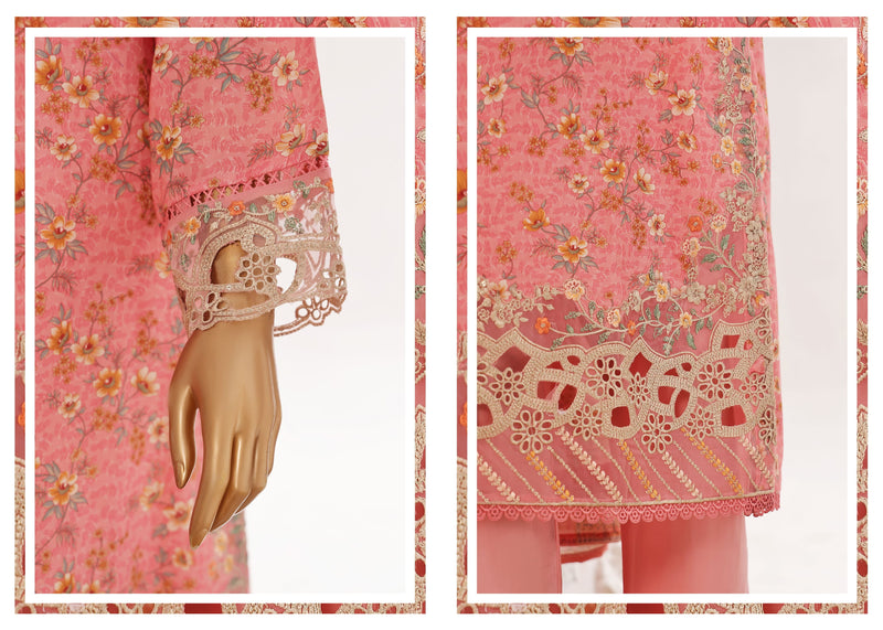 Luxury Lawn - Stitched Printed 3piece With Lace work & Cut work  - Pink