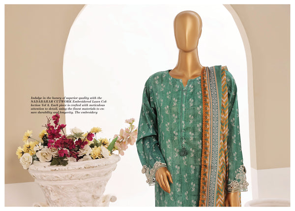 Luxury Lawn - Stitched Printed 3piece With Lace work & Cut work  - Green