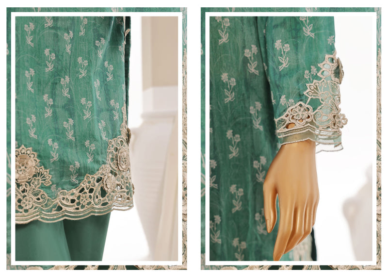 Luxury Lawn - Stitched Printed 3piece With Lace work & Cut work  - Green