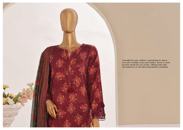 Luxury Lawn - Stitched Printed 3piece With Lace work & Cut work  - Maroon