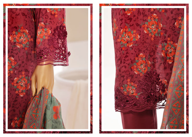 Luxury Lawn - Stitched Printed 3piece With Lace work & Cut work  - Maroon