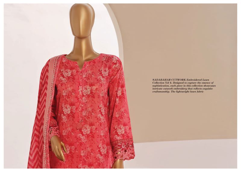 Luxury Lawn - Stitched Printed 3piece With Lace work & Cut work  - Pink