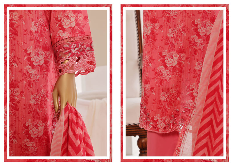 Luxury Lawn - Stitched Printed 3piece With Lace work & Cut work  - Pink