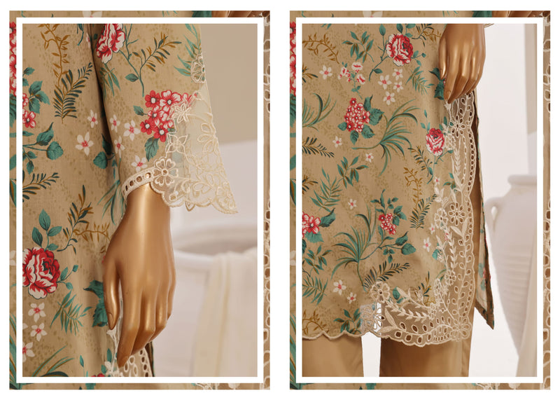 Luxury Lawn - Stitched Printed 3piece With Lace work & Cut work  - Skin