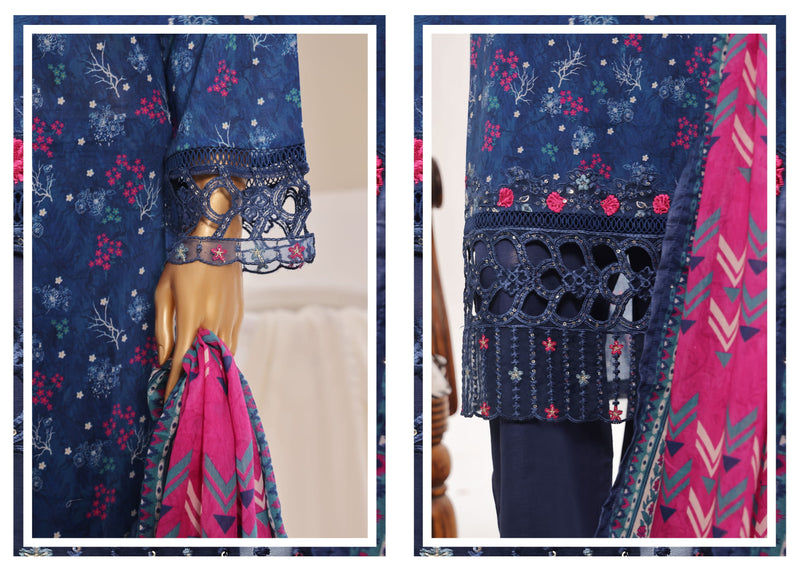 Luxury Lawn - Stitched Printed 3piece With Lace work & Cut work  - R.Blue