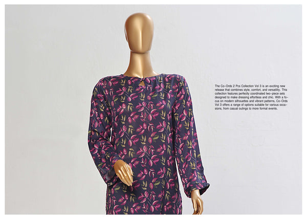 Lawn Co-ords - Stitched Printed Kurti & Trouser with Lace work - Purple