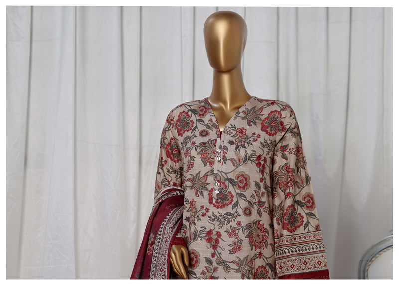 Khaddar - Stitched Printed 3piece with Lace work - Cream-Multi